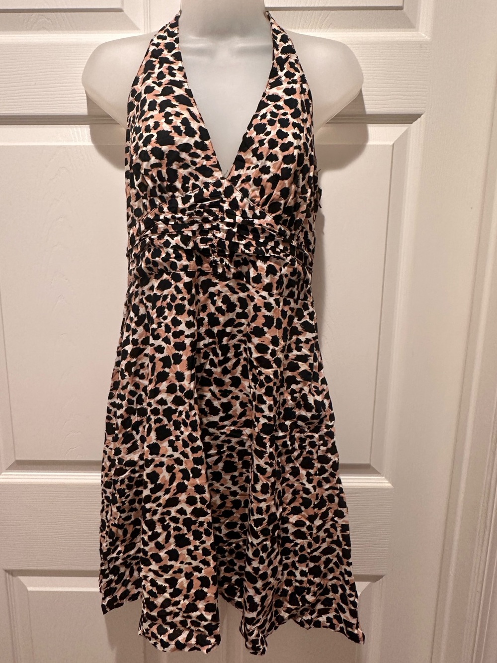 H&M Leopard Halter Deep V Open Back Ruched Midi Dress US 14 Y2K Party GLAMOROUS